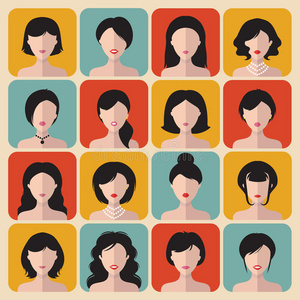 大矢量集的不同理发妇女应用图标的平面风格。