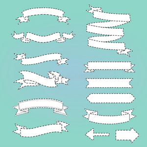 大套涂鸦白色丝带横幅一套。 装饰图形的美丽空白