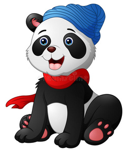 可爱的卡通熊猫坐着,戴着红领巾和蓝色帽子照片