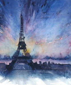 水旅游埃菲尔铁塔地标巴黎法国旅游目的地日落风景如画的风景水彩画