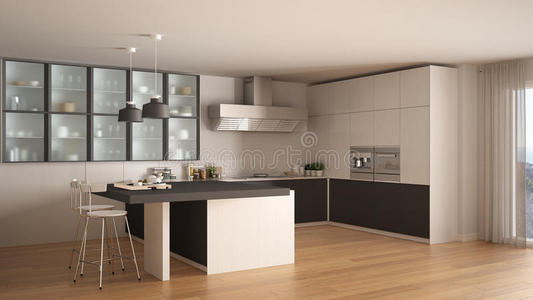 经典的最小白色和灰色厨房与镶花地板，现代室内设计