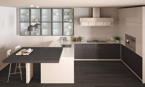 经典的最小白色和灰色厨房与镶花地板，现代室内设计