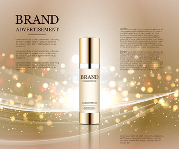 化妆品广告模板，液滴瓶模型在耀眼的背景。 金箔和气泡元素。 3D