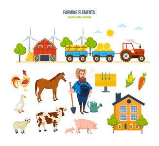 农场仓库，拖拉机，干草，动物，水果，蔬菜，农村地方。
