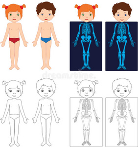 男人脱女孩裤头男孩和女孩脱衣服. 孩子们用x光检查身体.