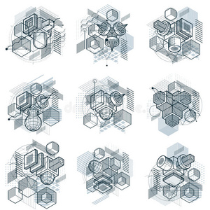 三维抽象向量等距背景。 立方体六边形正方形矩形和不同抽象元素的布局。 矢量