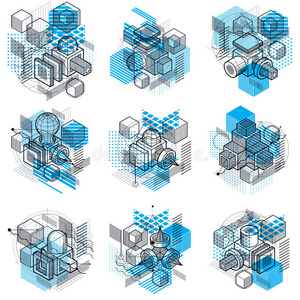 三维抽象向量等距背景。 立方体六边形正方形矩形和不同抽象元素的布局。 矢量