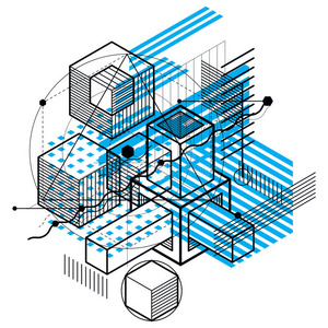 三维抽象向量等距背景。 立方体六边形正方形矩形和不同抽象元素的布局。