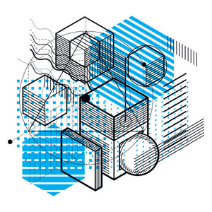 抽象三维形状组成，矢量等距背景。 com