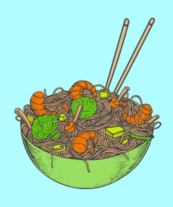 亚洲快餐，配面虾，胡椒，蔬菜在盘子里。 手拉着