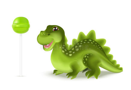 可爱的卡通恐龙龙角色与绿色棒棒糖。 矢量插图。