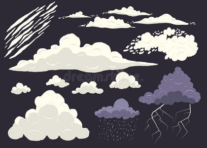 云矢量集隔离在黑暗背景，卡通风暴云景不同类型