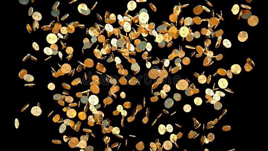 下金币黑色背景下下雨的金币.照片