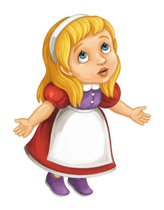 卡通小女孩看着思考并向某人解释某事优雅的年轻女子正在看着远方