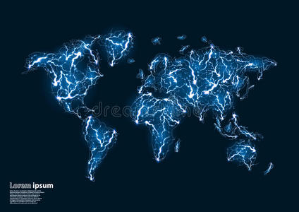 由闪电形成的世界地图的蓝色闪光图像