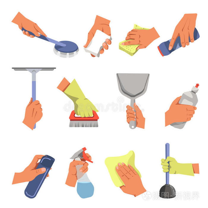 手拿不同的清洁工具矢量平面图标设置