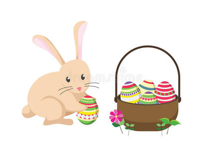 复活节兔子与复活节篮子充满装饰复活节彩蛋。