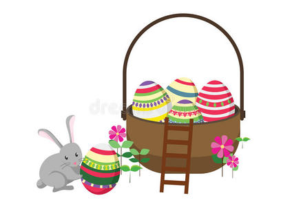 复活节兔子与复活节篮子充满装饰复活节彩蛋。