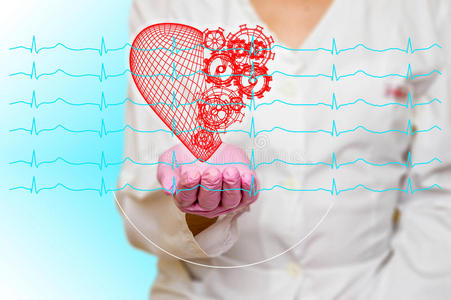 健康和医学的概念女性医生拿着一颗红色的心脏，带有心电图线