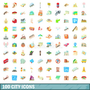 100个城市图标设置，卡通风格