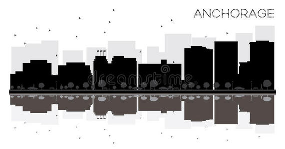 锚地城市天际线黑白轮廓与反射。