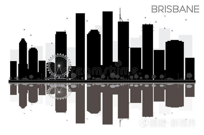 布里斯班城市天际线黑白轮廓与反射
