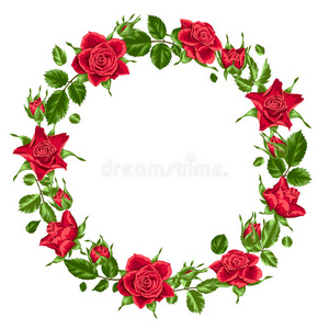 用红色玫瑰装饰花环。 美丽的现实的花朵，花蕾和叶子