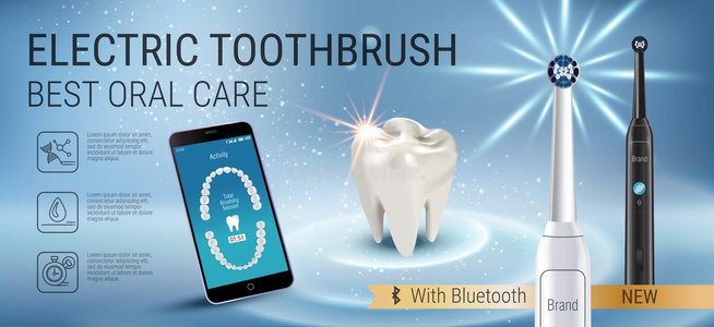电动牙刷广告。 矢量三维插图与充满活力的刷子和移动牙科应用程序在手机屏幕上。