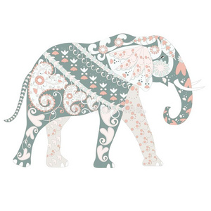 手绘装饰彩色卡通大象彩色页面和印刷照片