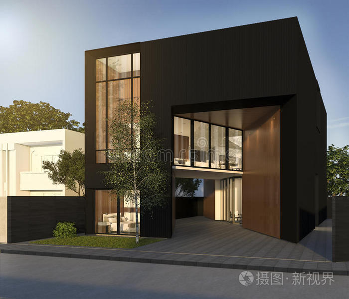 三维渲染最小的黑色立方房子在夏天