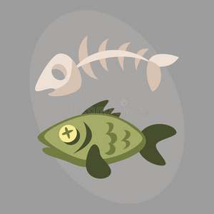 垃圾鱼鱼骨垃圾回收图形野生卡通海颅生活设计和死浮水污染矢量照片