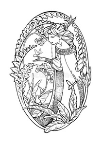 蝴蝶和花的仙女小姐的艺术素描.照片