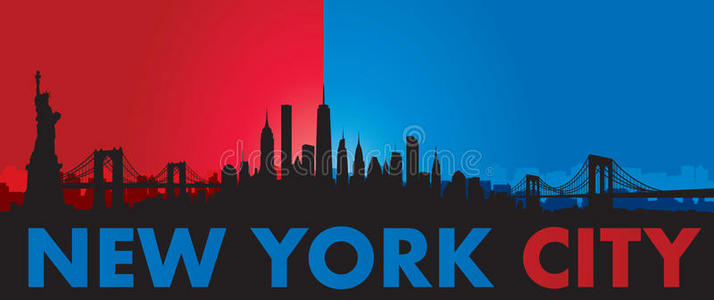 蓝色红色纽约市天际线矢量