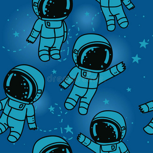 宇宙无缝图案，可爱的涂鸦宇航员漂浮在太空