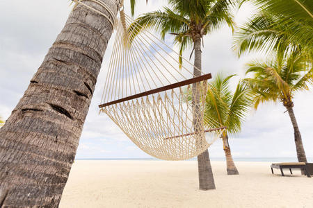 在热带海滩上吊床，背景中有棕榈叶茅草屋顶雨伞和棕榈树