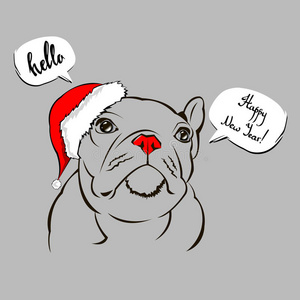 法国斗牛犬的肖像戴着圣诞老人帽子。 矢量插图。
