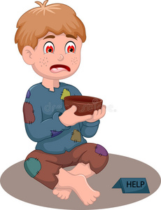 乞丐漫画可怜的乞丐讨钱卡通插图上白色孤立那孩子在人群中迷路了.