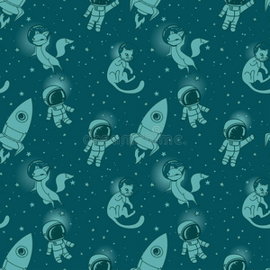 可爱的涂鸦男孩，火箭，狐狸和猫漂浮在太空