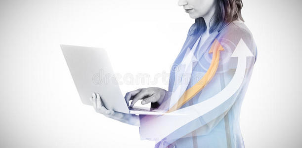 女商人在笔记本电脑3D上打字的复合图像
