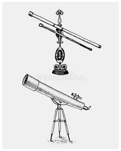 天文望远镜,复古,雕刻的手画在素描或木刻风格,旧的看起来复古照片