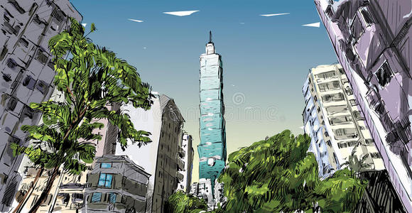 台湾101大楼绘画 城市景观 地标 美丽的 墨水 卡通 摩天大楼 大都市