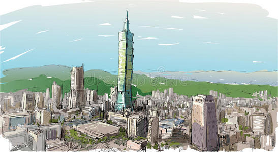 台湾 商业 美丽的 墨水 旅行 大都市 风景城市 天空 绘画 墨水 台湾