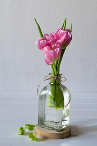新鲜粉红色郁金香花束在玻璃瓶里