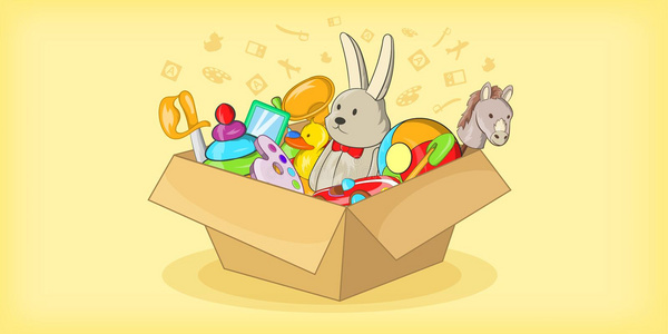 玩具横幅盒子有玩具水平横幅,卡通风格照片