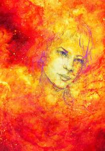 年轻女人的手绘肖像。 宇宙背景。