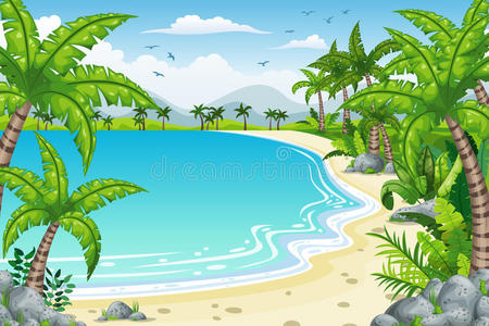 风景 休息 太阳 夏天 卡通 插图 棕榈 海岸 浪漫的 放松