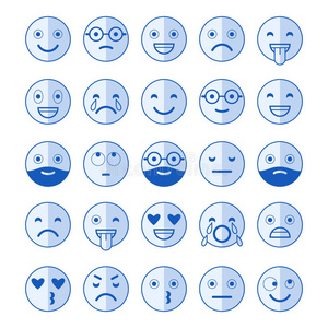 表情符号的蓝色平面图标。 带着胡子微笑，不同的情绪，情绪。
