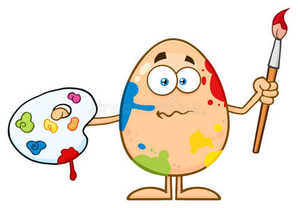 混乱的鸡蛋卡通吉祥物人物飞溅,拿着画笔和调色板照片