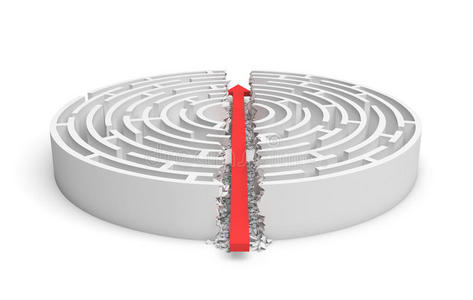 三维渲染白色圆形迷宫在侧面视图除以一半的红色箭头线。