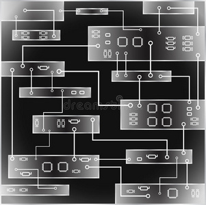 电路板背景。 抽象黑色背景与高科技电路板，图形。 EPS10插图